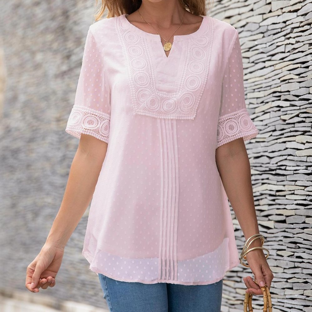 NWOT - Beautiful Pink Split Neck Half Sleeve Lace Panel Blouse